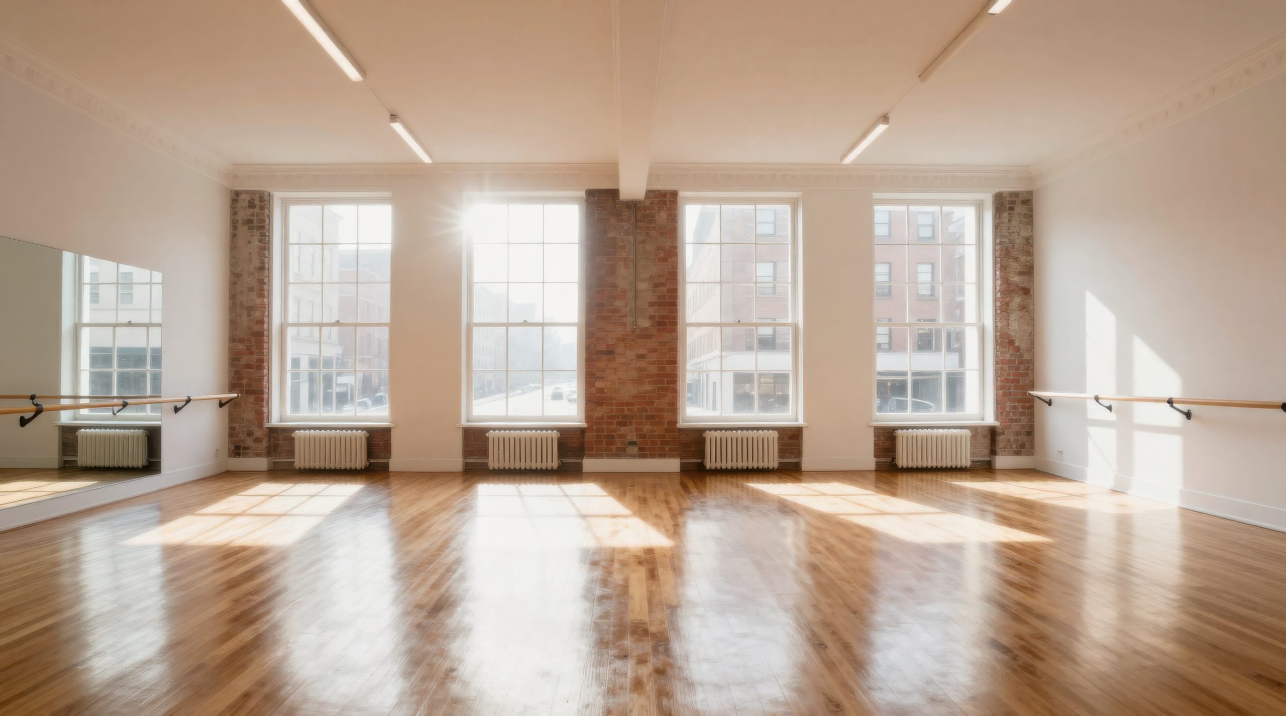bright empty studio with hardwood floors, large windows, brick details, and natural light ready for creative projects