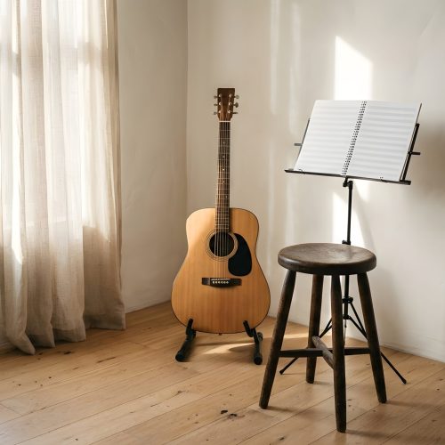 acoustic guitar on stand with music sheet on stool in a sunlit room